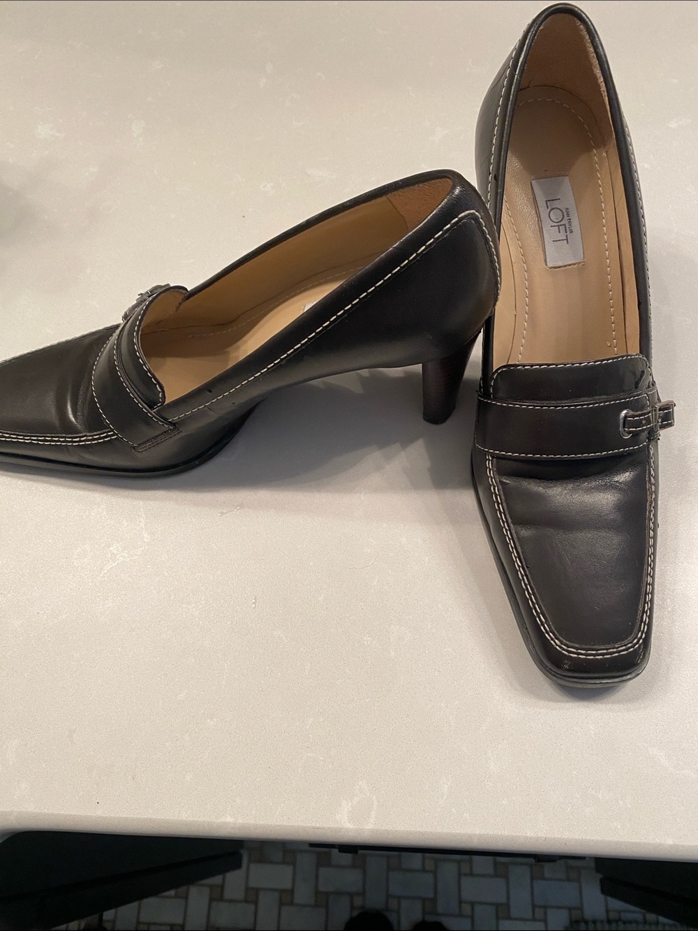 LOFT Black Leather Heeled Loafers with White Stitching